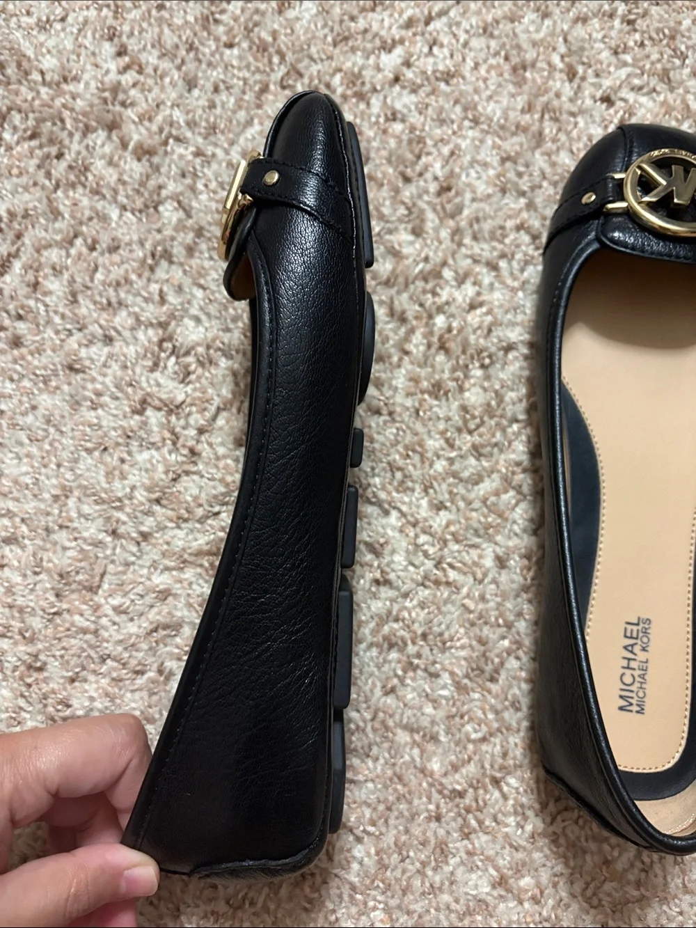 MICHAEL Michael Kors Black Leather Logo Ballet Flats with Gold MK Emblem